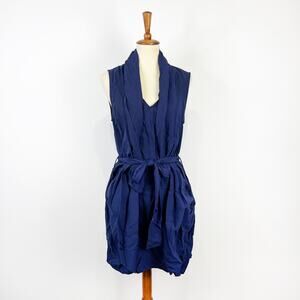 Rachel Roy navy blue gathered dress flattering waist tie pockets size 12
